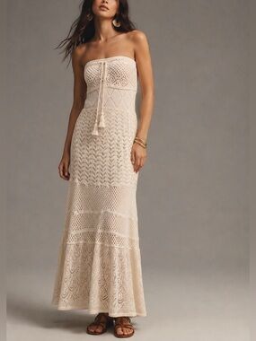 Anthropologie Farm Rio Crochet Knit Maxi Dress Cream XXS Boho Cotton Resortwear